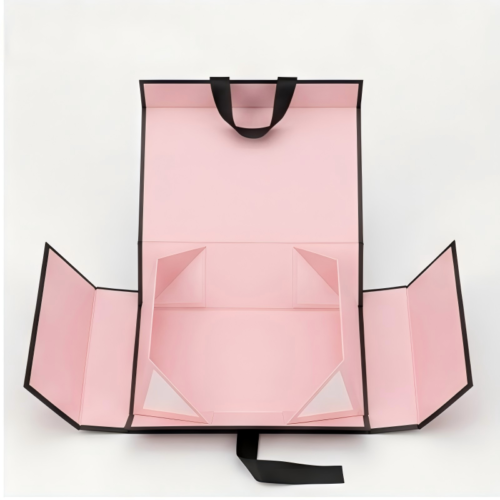 Custom Pink Foldable Handheld Gift Box with black ribbon
