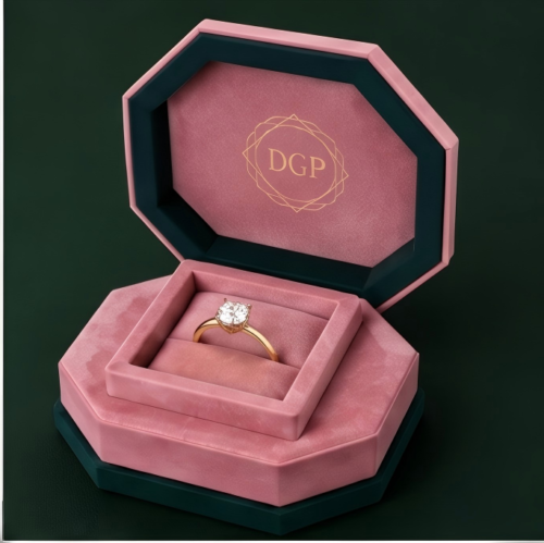 Custom Octagonal Velvet Ring Box open with diamond ring