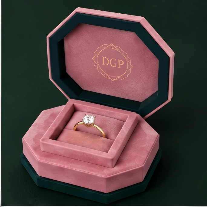 Custom Octagonal Velvet Ring Box open with diamond ring