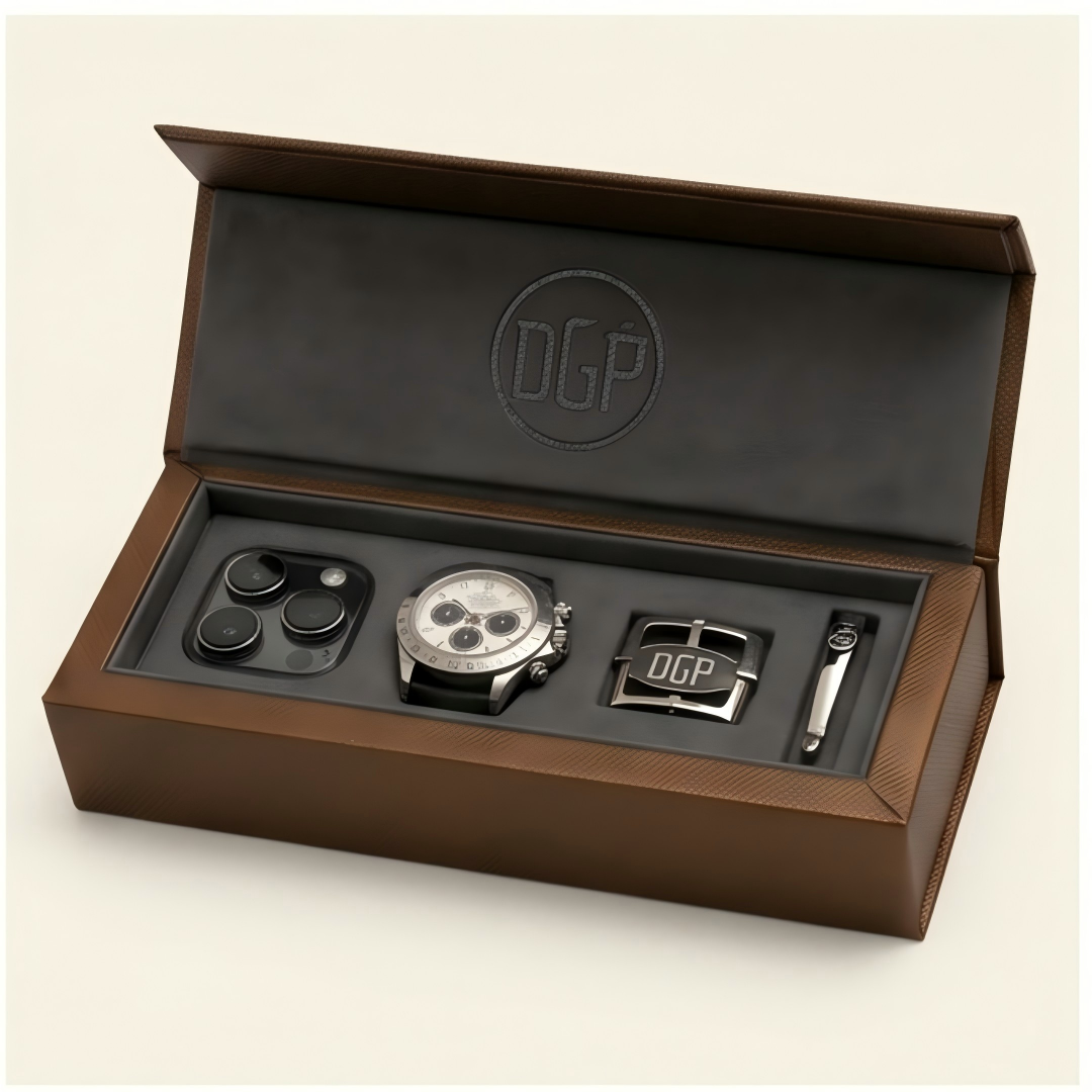 Custom Men Gift Set Box open with watch and belt buckle