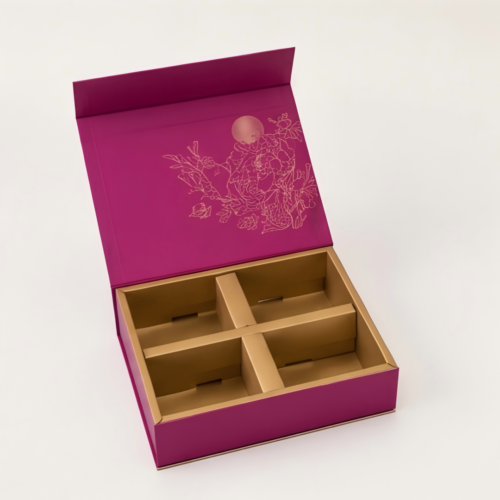 Custom Red Magnetic Box open with customized gold insert mooncake packaging