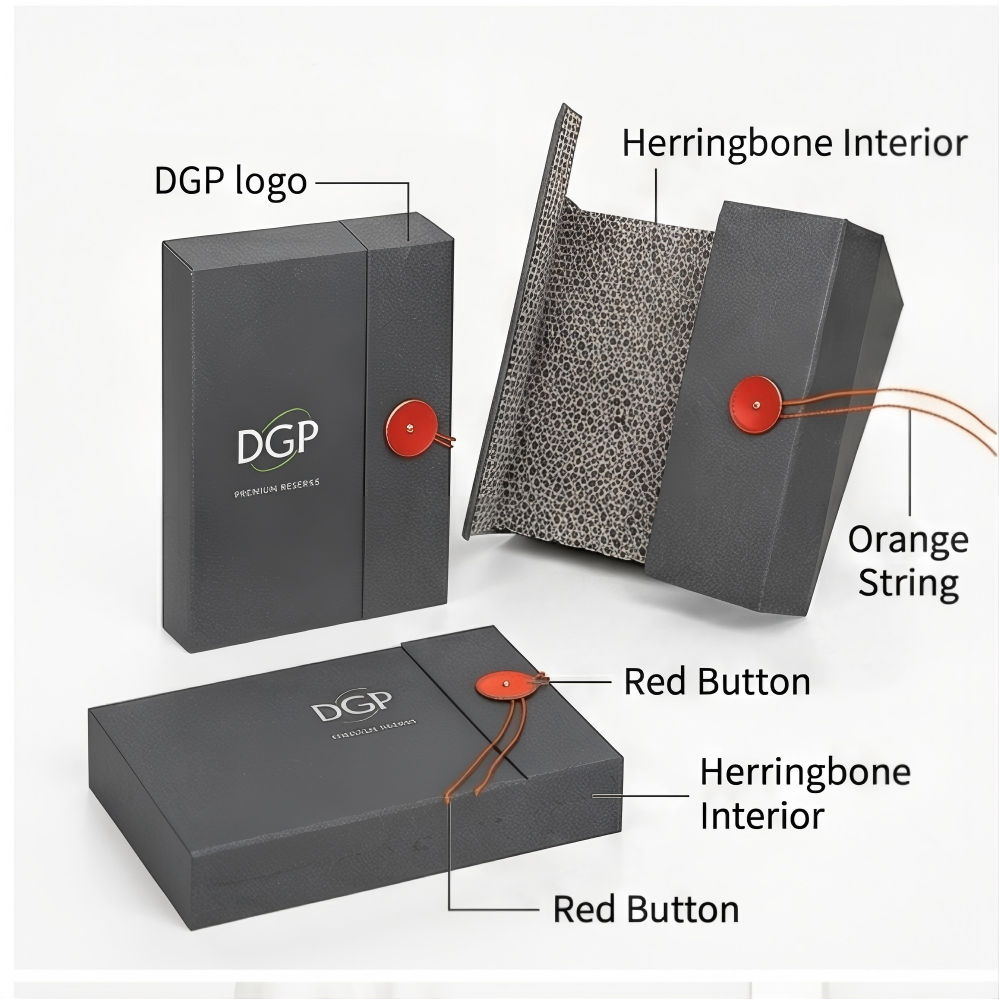 Custom Button and String Packaging Box with orange leather tie