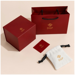 Bespoke Red Magnetic Box with matching luxury gift bag and pouch wholesale