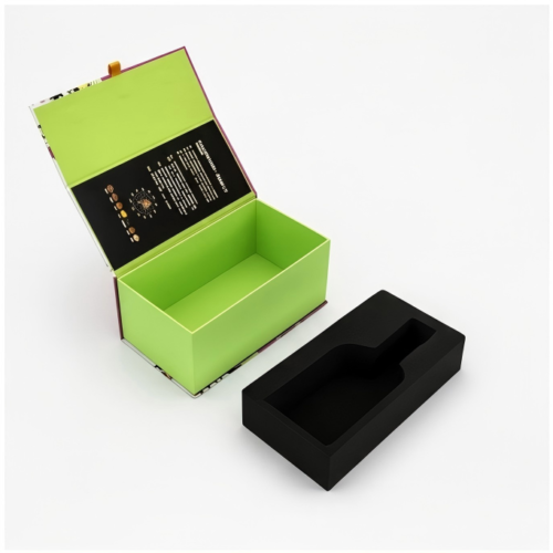 Custom Floral Gift Box open with custom shape black foam wine insert