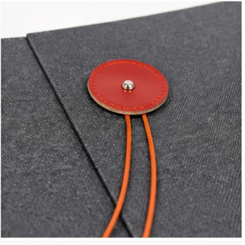 Custom Button and String Packaging Box with orange leather tie