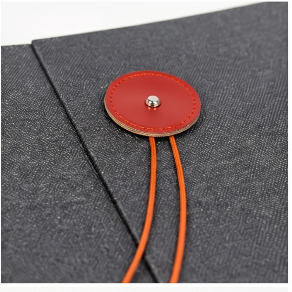 Custom Button and String Packaging Box with orange leather tie