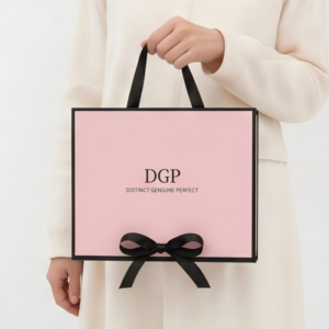 Custom Pink Foldable Handheld Gift Box with black ribbon